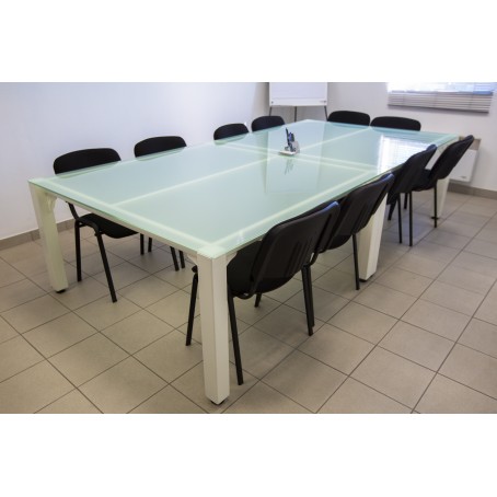 table salle de réunion en verre opale sur structure acier thermolaquée